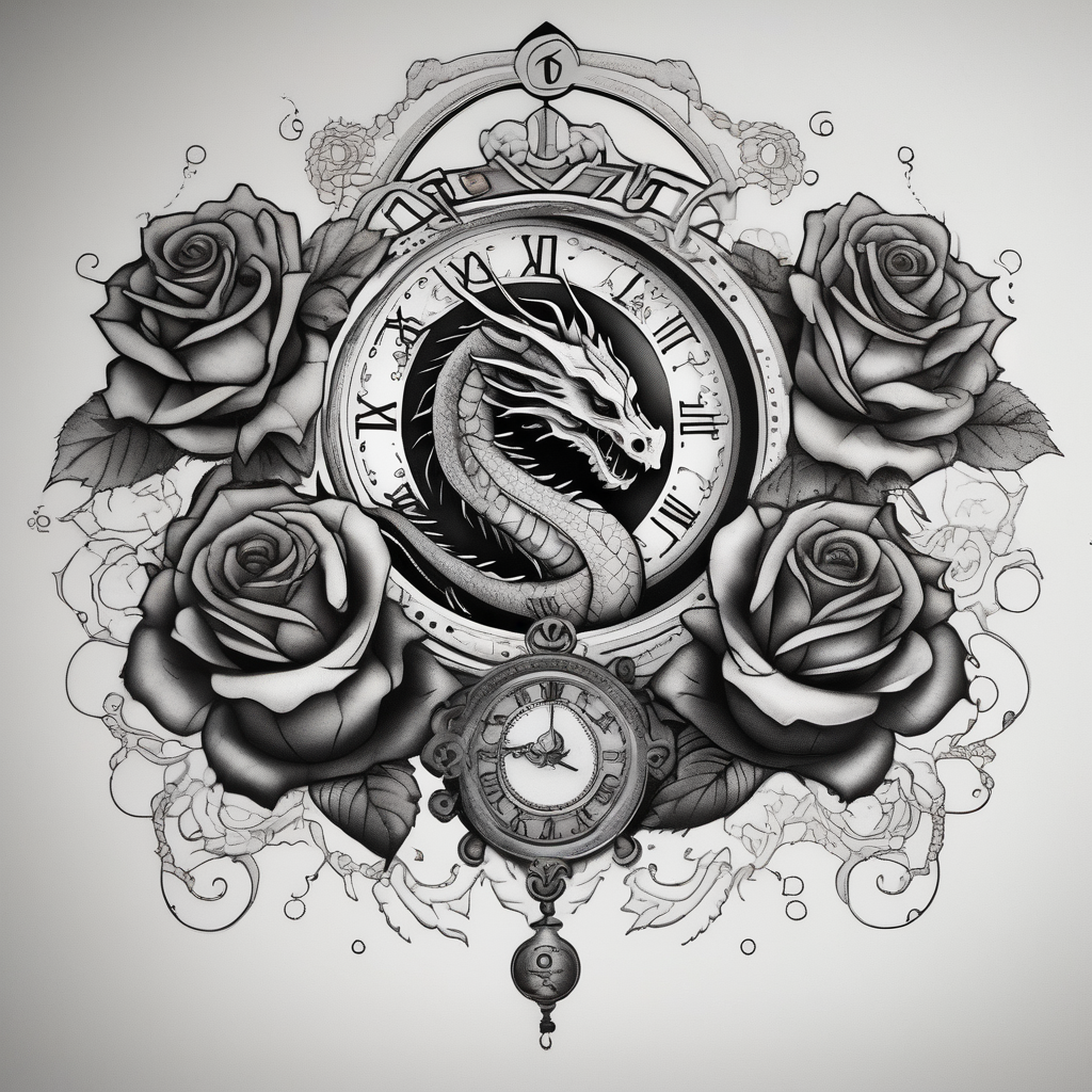 Dark cancer zodiac sign tattoo with dragon, clock and roses on background floral sleeve tattoo, design de tatouage Dotwork généré par IA